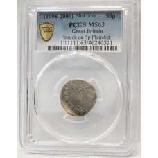 GREAT BRITAIN UK 1998 . FIFTY 50 PENCE . ERROR . STRUCK ON 5p PLANCHET